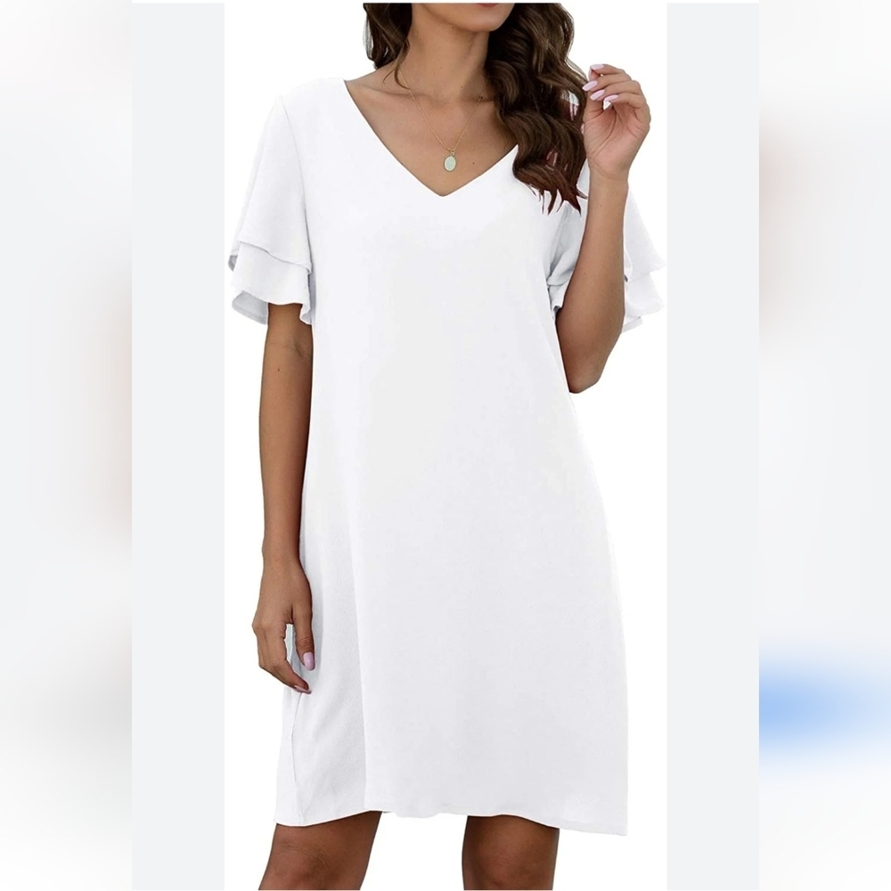 White Flowy Midi Dress Bell Sleeves Cap Spring Summer V-Neck Layered NEW